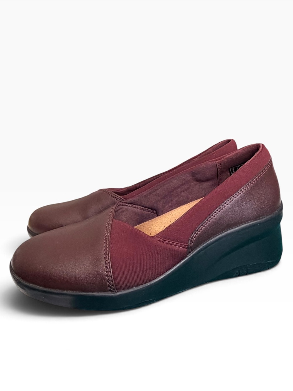 Clarks Collection Burgundy Leather Comfort Wedge Slip On Shoes 5.5